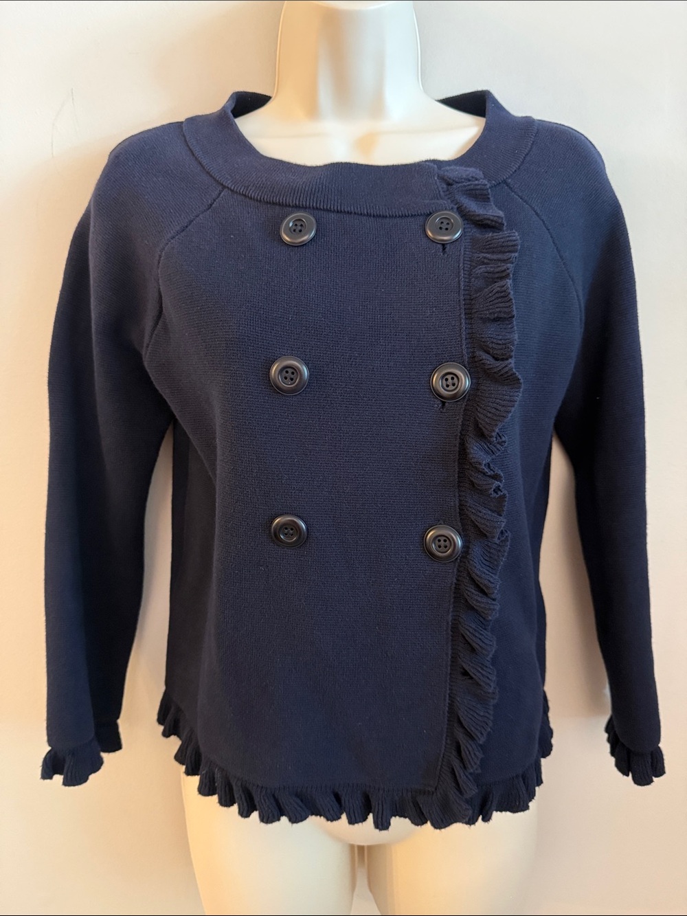J. Crew Navy Double-Breasted Ruffle Knit Sweater Cotton Size Small